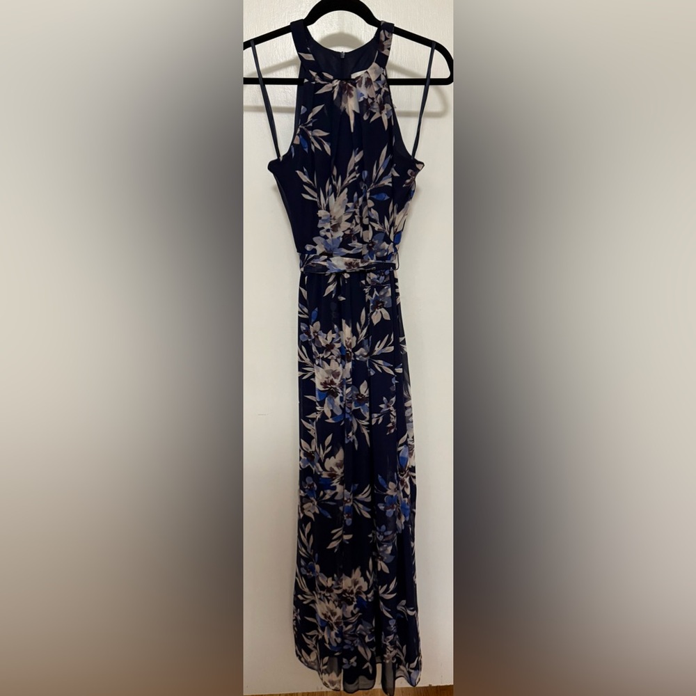Eliza J Navy Dress with Blue and Cream Floral Print